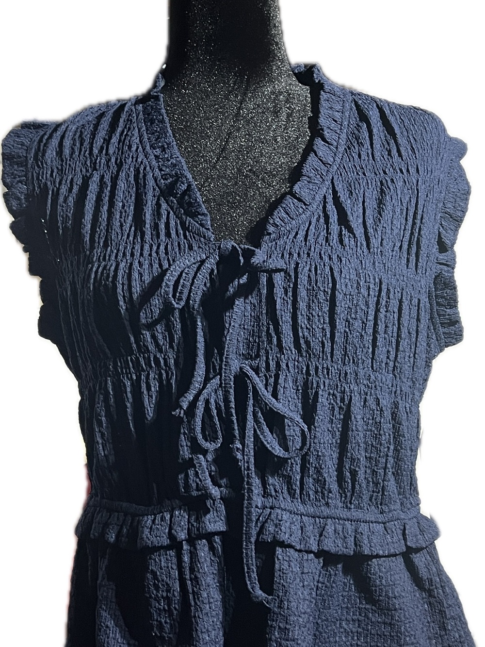 Time and Tru Navy Blue Tie-Front Crinkle Blouse